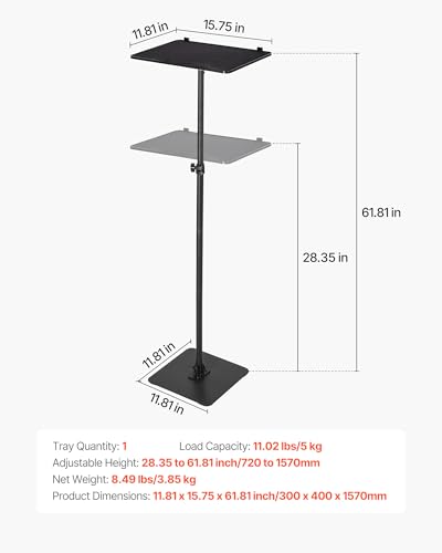 VEVOR Projector Stand, Projector Floor Stand with Adjustable Height 30.3 to 63.4 inch, 360° Horizontal Rotation Projectors Cart for Meetings, Outdoor Movies, Video Stand, Gimbal Mount or Tray Support