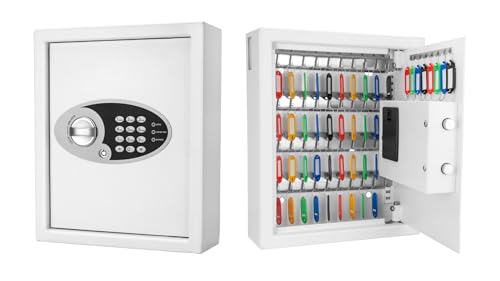 Barska 48 Position Key Cabinet with Digital Keypad Wall Mounted Security Keys Safe Key Organizer White with Adjustable Racks Key Tags
