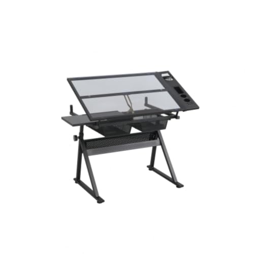 Daklpiw Tempered Glass Drafting Table, 0-75° Tilt & Height Adjustable Drafting Desk with 2 Drawers and Storage Tray, for Artists Designers Hobbyists