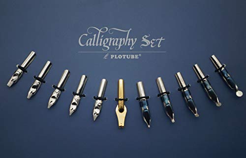 Plotube Calligraphy Pen Set – Includes Wooden Dip Pen, Antique Brass Holder, 11 Nibs, 7 Colors Ink Bottles and Beginner's Manual