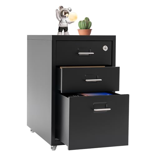 PerCbynne Vertical File Cabinet with Lock, 3-Drawer Metal Mobile Filing Cabinet, Fits Letter/Legal Size, Cold-Rolled Steel with Wheels, for Home Office Under Desk, Black, 11" x 16" x 18.3"