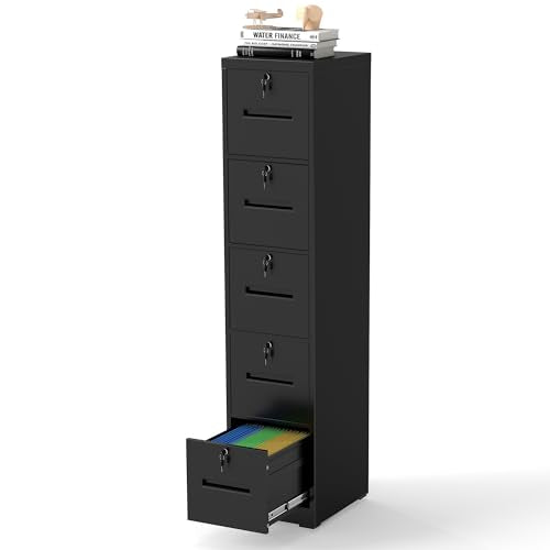 VIYET File Cabinet 5 Drawer with Lock, Vertical Filing Cabinets for Home Office, Metal Steel Storage Cabinet for Letter/Legal Size File, Assembly Required(Black)