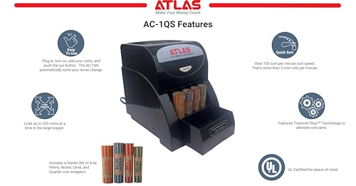 ATLAS Automatic Coin Sorter Includes 16 Preformed Coin Wrappers, AC-1QS