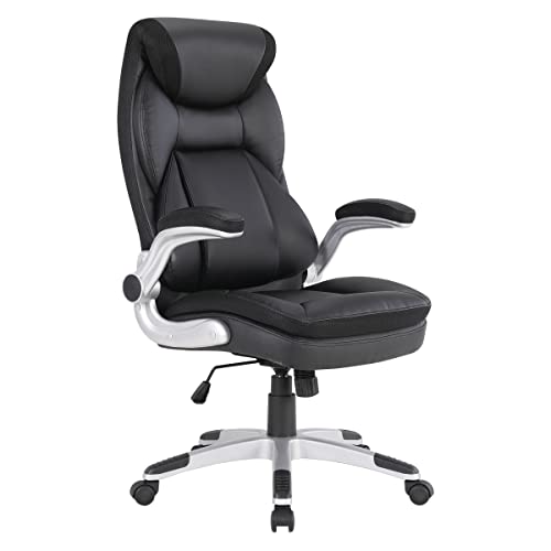 Office Star ECH Series Executive Bonded Leather Office Chair with Lumbar Support and Padded Height Adjustable Arms, Black with Silver Coated Nylon Base