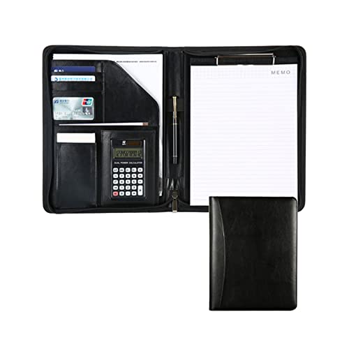 Business Portfolio A4 Padfolio Leather Folder Multifunctional Zipper Notepad Professional File Binder Conference Document Planner Personal Organizer for Men Women ( Color : Black , Size : 12-digit cal