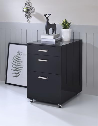 LOONGYOON 3 Drawer Wood Vertical File Cabinet with 4 Casters for Office Home School File Folders Versatile Filing Organization Storage Cabinets Full Assambly Printer Stand Black High Gloss & Chrome