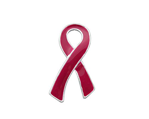 50 Pack Burgundy Large Flat Ribbon Shaped Pins – Burgundy Ribbon Pins for Sickle Cell Anemia, Myleoma Awareness, Meningitis and Hospice Awareness – Fundraising & Awareness