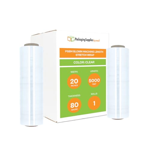 PSBM 1 Roll 20 Inch x 5000 Feet 80 Gauge Blown Machine Stretch Wrap,Heavy Duty Clear Plastic Wrap Industrial Strength Shrink Film for Moving, Packing & Shipping