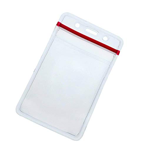 Bulk 100 Pack - Heavy Duty Clear Vinyl Badge Holders for Vertical Name Badges - Great for Employee or Student ID Card - Water Resistant Sleeves w Red Resealable Top for Multiple Cards by Specialist ID