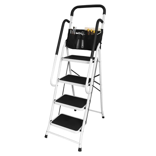 Big RED Ergonomic 4 Step Folding Ladder with Anti-Slip Pedal: Step Stool with Padded Handle for Kitchen, Household, Offices