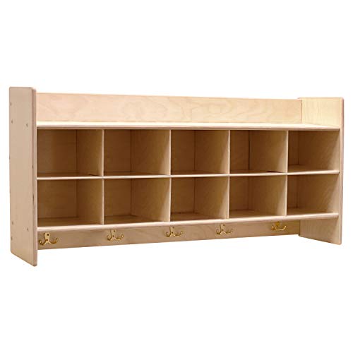 Contender Cubby Storage Organizer Cubes, Daycare Shelves with 10 Cubbies with Hooks and Shelf, Hanging Wall Mount, Furniture for Kids Toys, Classroom, 47-inch Width