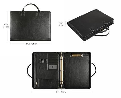 Leather Portfolio Binder with Clipboard, Letter Size Notepad Padfolio with Handle, Work Portfolio Organizer for Men, Oil Black, Non-Custom