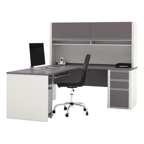 BOWERY HILL Modern Wood 5 Piece L-Shaped Computer Desk with Hutch, Slate Gray Finish, Melamine Surface, Durable Office Furniture Set with Storage, Keyboard Tray, Wire Management
