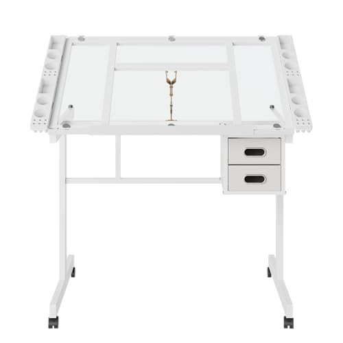 TERRUPEX Adjustable Art Drawing Desk, 0-70° Tiltable Glass Top with 2 Fabric Drawers and 4 Lockable Wheels, Easy-Clean Craft Station for Painting Sketching Hobby Work (White)