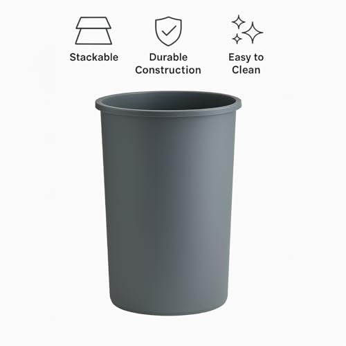 11 Gallon Round Gray Commercial Trash Can with Swing-Top Lid - Hands-Free Polyethylene Wastebasket for Office, School, Facility, and Commercial Use - Dent & Crack Resistant