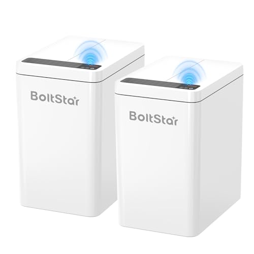 BoltStar Solar Automatic Trash Can: 2 Pack 4 Gallon Motion Sensor Garbage Can, No Charging Required, Slim Smart Touchless Trash Bin with Lid for Bedroom, Living Room, Bathroom, Office, RV, White