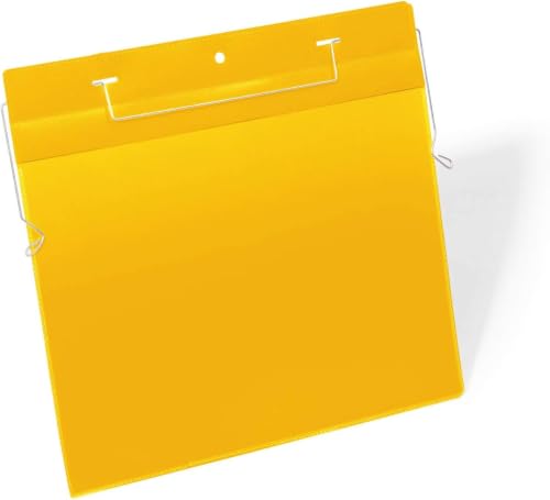 Durable Document Pocket with Wire Hanger A4 Landscape | Pack of 50 Yellow Document Holders | Perfect for Labelling Shelves, Racking, Boxes etc. in Warehouse and Logistic Centres