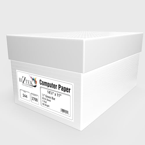 BIZTEK Continuous Computer Paper, 14 7/8 x 11, 1-Part, 92 Bright, 20 lb, 1/2" Green Bar | 50 Cartons | 2,700 Sheets/Carton