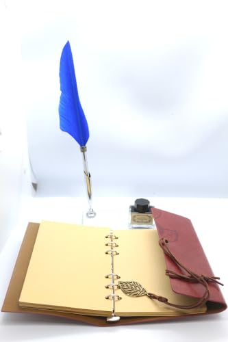 Calligraphy Pen and Notebook Set with Feather Pen, Ink, Leather-Bound Journal, and Holder - Refined Gift Boxed Set for Writers and Artists - Blue Accents