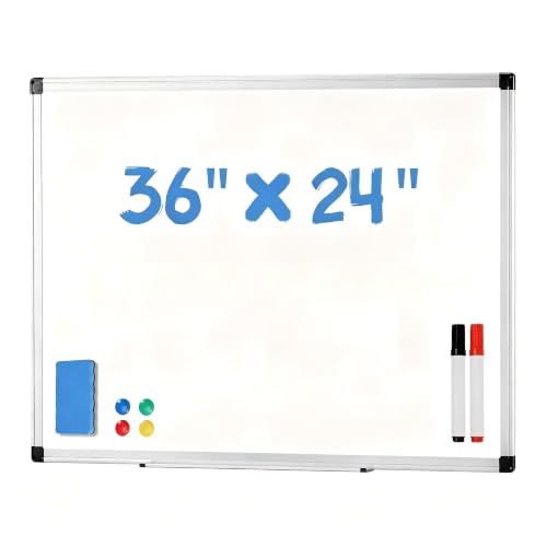 DUMOS Magnetic White Board Kit for Wall 36" x 24", Dry Erase Board with 1 Dry Eraser & 2 Multicolor Markers & 4 Magnetic Pins, Reinforced Aluminum Frame for Home, School, Office