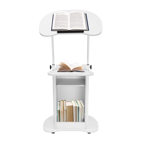 Mobile Height Adjustable Podium Stand, Portable Wood Lectern with Wheels, 0-90° Tilting Desktop & Storage Shelf, Standing Laptop Cart, Portable Presentation Concert Teacher Rolling Podium (White)