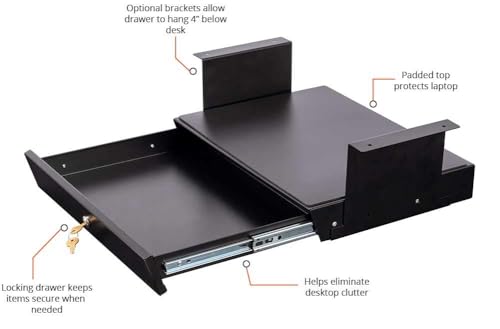 Stand Up Desk Store Add-On Office Sliding Under-Desk Drawer Storage Organizer for Standing Desks (Black, Lockable with Padded Laptop Shelf)