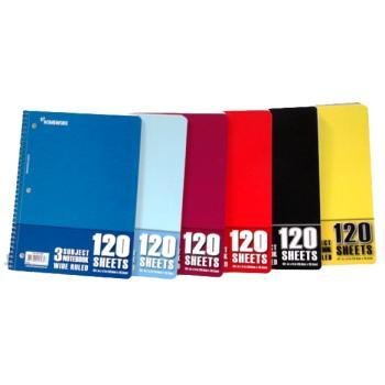 A+Homework Wire Note Book - 120 sheets - 3 subject - WR - Case of 24