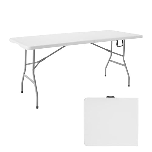 Romig Trestle 5 ft Folding Table and 4 Chairs Set, Blow Mold Plastic, Steel Frame, 60" x 29", White