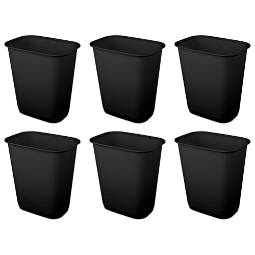 Sterilite 9 Gallon Large Open Rectangular Wastebasket, Black, 6 Pack