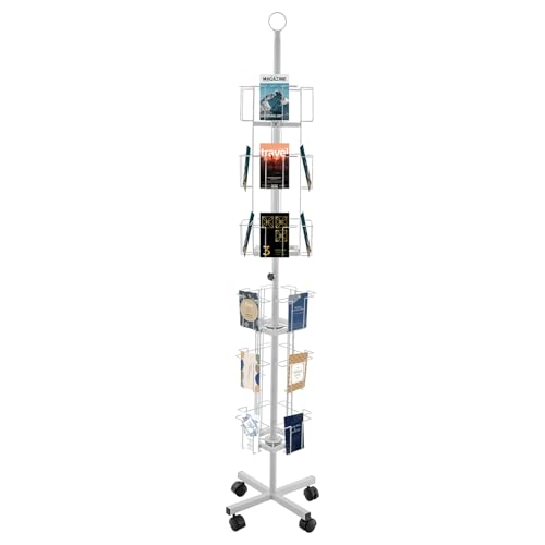 Greeting Card Display Stand, 6-Tier 24-Pocket Rotating Card Holder Display Retail, Floor Rolling Postcard Rack, Metal White Greeting Card Organizer for Stickers Brochures Postcards Gift Cards CDs Etc