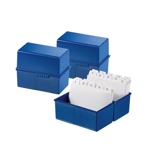 HAN Index File Box DIN A7 Landscape - Innovative, Attractive Design for 300 Index Cards with Steel Hinge and Snap Closure, Blue, 977-14, Pack of 3