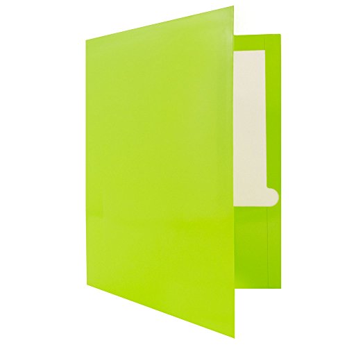 JAM PAPER Laminated Two Pocket Glossy School Folders - Letter Size - High Gloss Lime Green - Bulk 100/Box