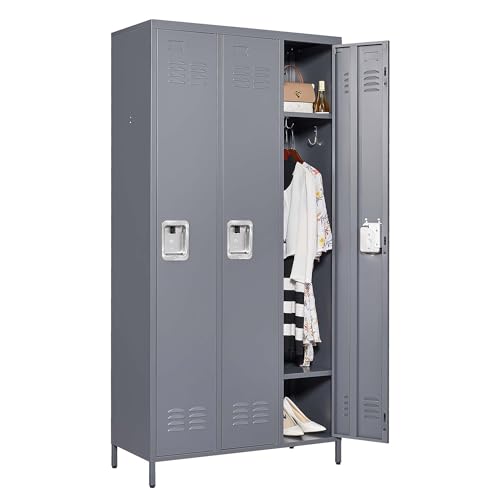 CIATRE 72" Tall Metal Lockers with Lock and Hooks 3 Doors Storage Cabinet, for School Office Gym Bedroom, Assembly Required for Employees, School, Office, Gym (Gray)