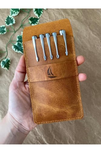 SODEF Handmade Genuine Leather Pencil Holder Case Organizer for Desk, 8 Pen Capacity, Classic Design, Durable & Stylish, Ecru Color, Made in Turkey - Camel