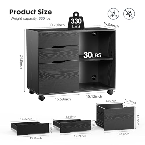 DUMOS 3 Drawer Rolling File Cabinet, Wood Printer Stand with Storage
