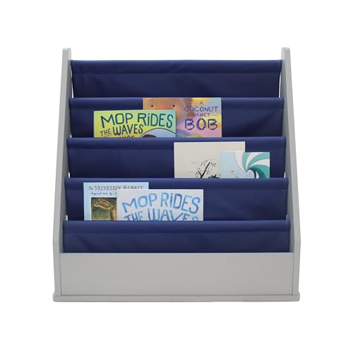 FDP Laminate Children's Sling Book Display Shelf Durable, Easy-Clean Organizer for Daycare, Preschool, Classroom or Home Promotes Early Reading Habits - Gray/Navy