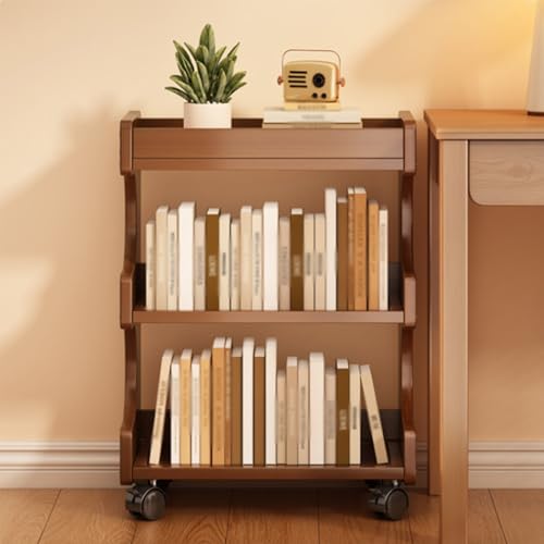 Dexinhdh Bamboo Book Carts with Wheels, Book Rack Storage Bookshelf, Open 3-Tier Storage, Rounded Corners, Floor Standing Organizer Rack for Study Office Living Room Bedroom
