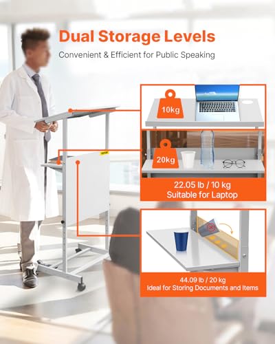 VEVOR Portable Floor Lectern, Height Adjustable, Wheeled Lectern with Dual-Layer Storage Shelf, Teacher Speaker Standing Desk, Podium Stand Classroom Presentation Stand for Speech, Church