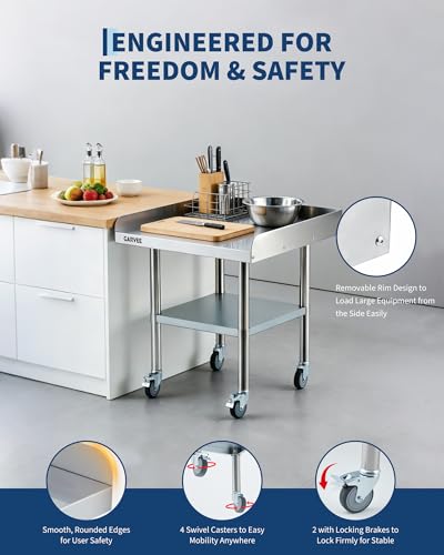 PrecisionAuto Stainless Steel Commercial Work Table - Heavy Duty Mobile Prep Station - Adjustable Undershelf - Detachable 3-Sided Backsplash - Locking Casters - For Restaurant, Kitchen, Garage, Bakery