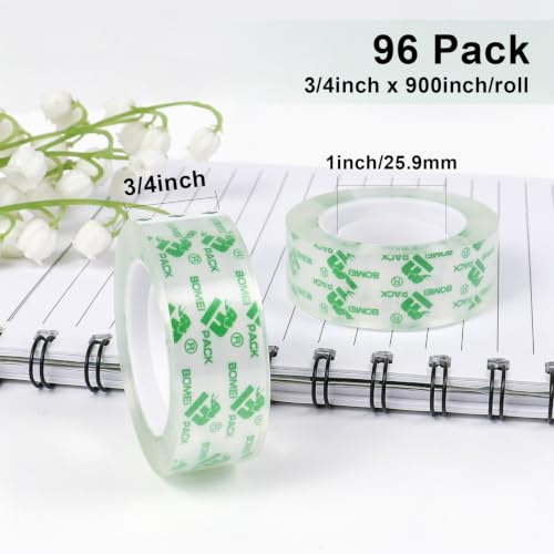 BOMEI PACK 96 Rolls Crystal Clear Transparent Tape, Stationery Tape Refills Rolls for Dispenser, 3/4 in x 900 in,1 inch Core, Gift Wrapping Clear Tape Bulk for Office, School and Home