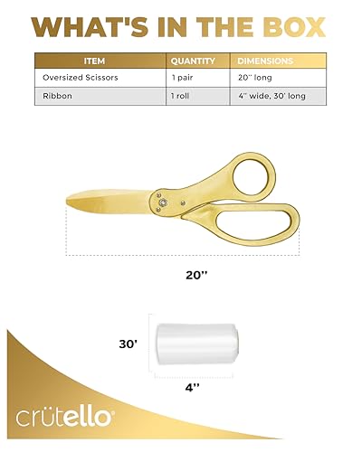 Crutello Ribbon Cutting Ceremony Kit - 21" Gold Scissors, White Ribbon
