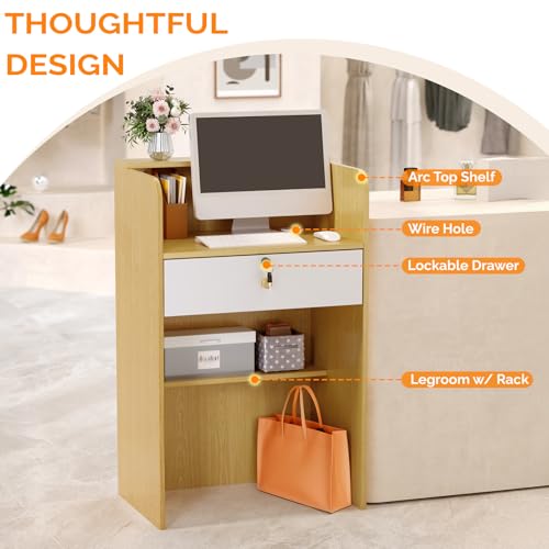 OmySalon Reception Desk with Counter, Small Front Checkout Desk w/Lockable Drawer, Wooden Modern Reception Table for Salon Lobby Office Home (Original Wood, 24)