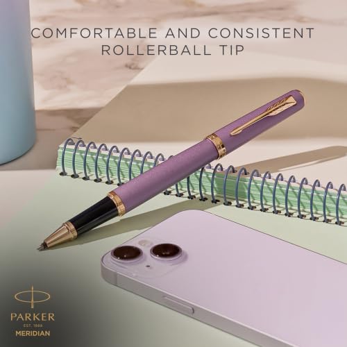 PARKER Meridian Rollerball Pen | Purple Lacquer with Rose Gold Trims | Fine Nib | Handwriting Pens & Stationery Supplies | Black Ink | Luxury Gift Box