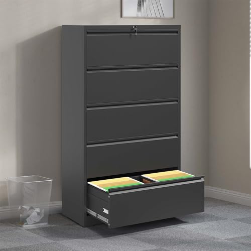 LOONGYOON 5 Drawer Lateral Metal File Cabinet with Lock Steel Versatile Filing Organization Storage Cabinets for A4 Legal/Letter Size Office Home Assembly Required Anti-Tilting Waterproof Black