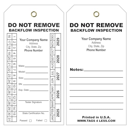 Tags 4 Less Custom Printed Backflow Inspection Tags – 2 5/8" x 5 1/4" Maintenance Record Tag for Backflow Test, Waterproof Heavy Duty Vinyl Plastic for Record-Keeping (Choose Color, Pack of 100)