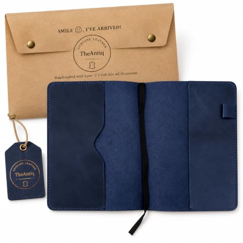 TheAntiq Premium Leather Journal Cover A5 – Handmade Refillable Notebook Cover Sleeve with Pen Holder for Writing, Travel & Business Use 5.75 x 8.25 (Blue)