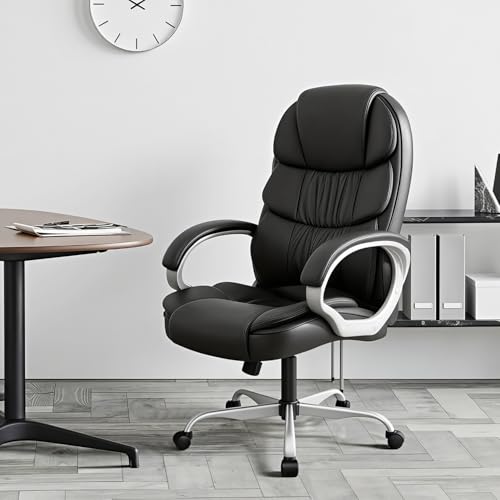 Furmax Leather High Back Office Chair Ergonomic Executive Office Chair Swivel Computer Desk Chair Lumbar Support Soft Cushioned Padded Arms (Ink Black)