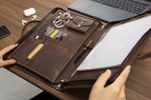 GZRHKJ Genuine Leather Portfolio, Padfolio Organizer with Handle, Personalized Padfolio，Padfolio with Zipper for Men Women，Suitable for 15-inch Laptop Legal Pad Padfolio, Dark Khaki