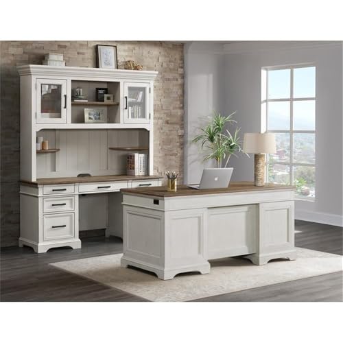 Pemberly Row Home Office Credenza, 66 in Wood, Rustic White and French Oak Finish, Knotty Oak Veneer, 4 Utility Drawers, Locking File Storage, Transitional Style for Home Office