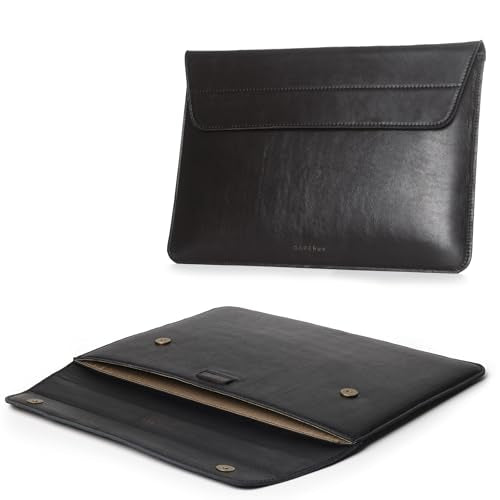 DAREhue Genuine Leather Laptop Sleeve 13-14 Inch, Padded Full Grain Leather Case with Built-in Stand - Black, Compatible with MacBook Air, MacBook Pro, Dell, HP, Lenovo